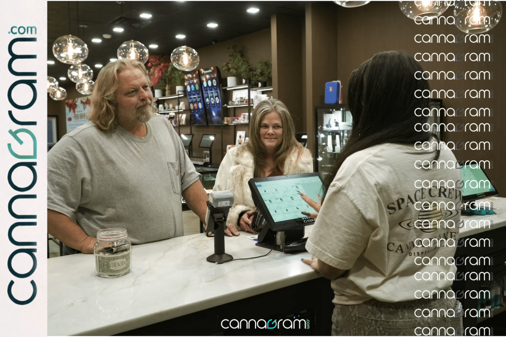 Adult customers speaking with a budtender at a licensed California cannabis dispensary