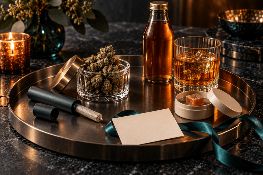 Sweetest Day 2026 cannabis gift ideas with flower, a pre-roll, an edible, a beverage, and teal ribbon.