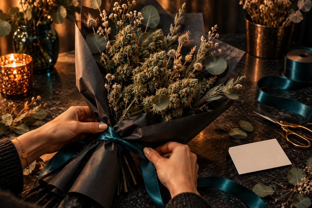 Adult hands wrap premium cannabis flower with eucalyptus in a black paper bouquet for Sweetest Day 2026.