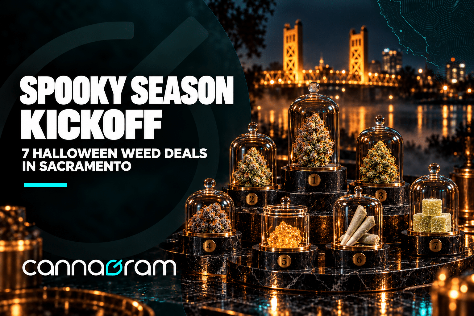 Seven Halloween weed deals in Sacramento displayed under glass with Tower Bridge at night.