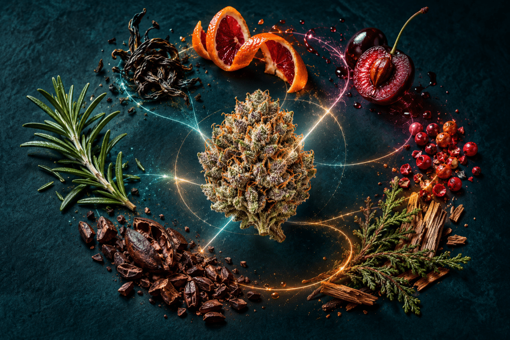 Cannabis flower surrounded by blood orange, cherry, rosemary, cacao and cedar aroma notes.