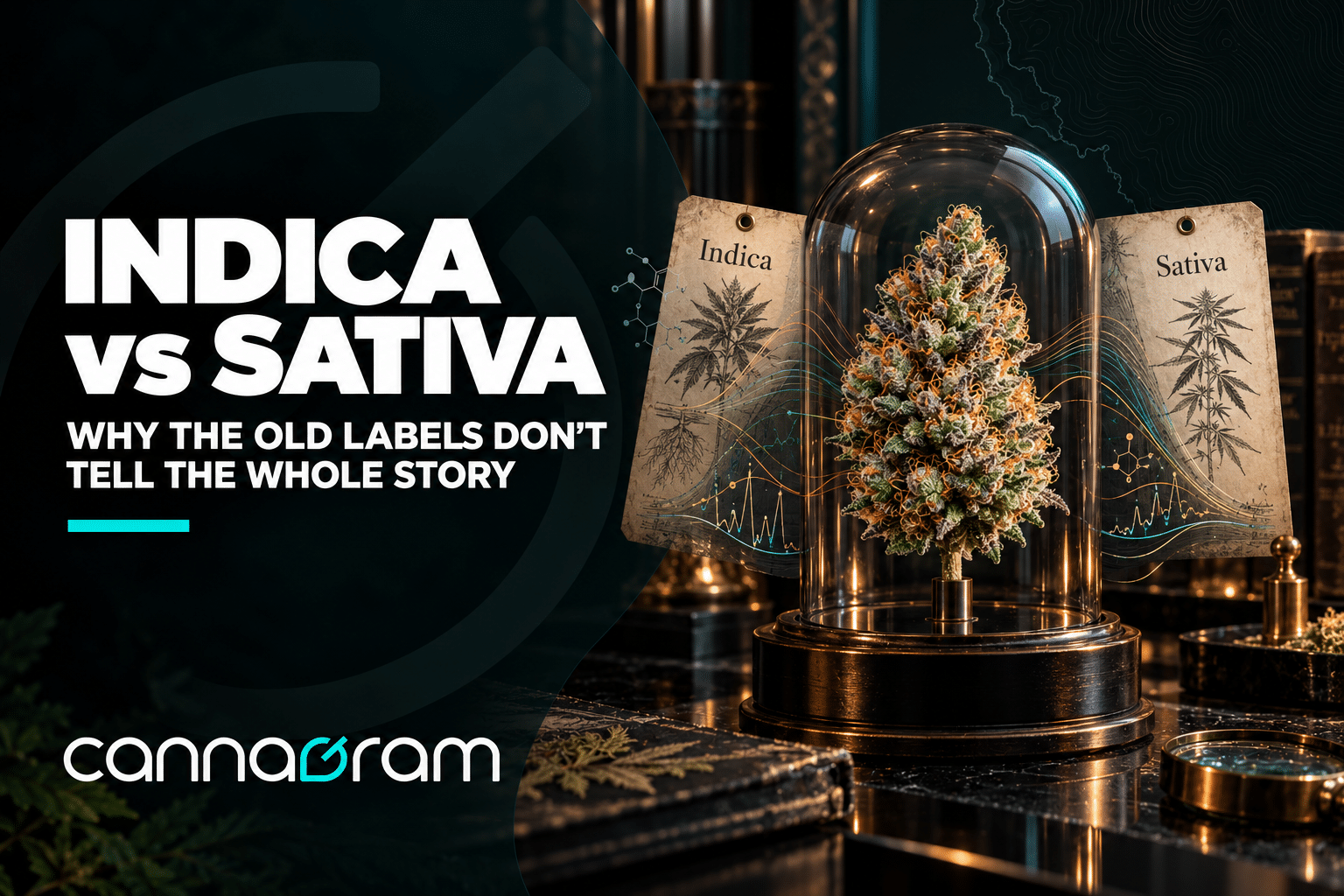 Indica vs Sativa cannabis labels displayed beside a flower specimen