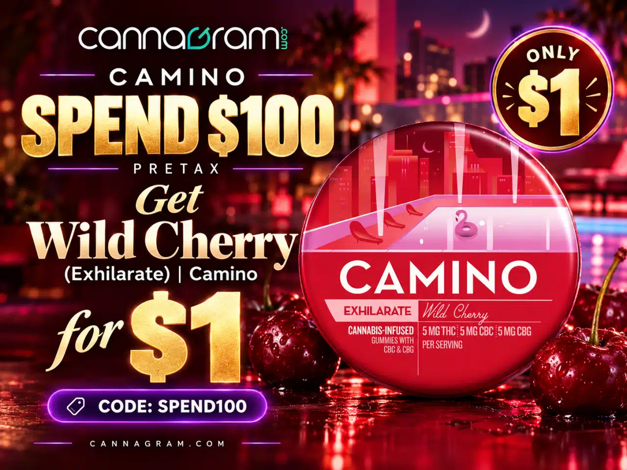 Spend $100 Pretax, Get Camino Wild Cherry Exhilarate Gummies for $1 — Use Code SPEND100
