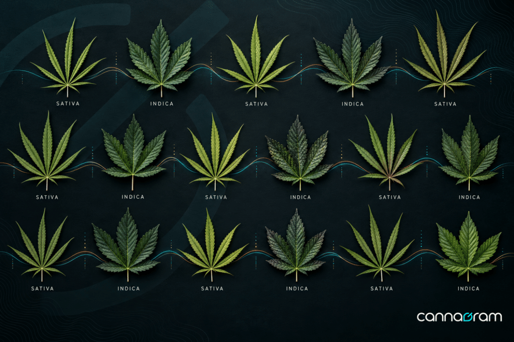 Indica vs Sativa cannabis leaves showing overlapping visual characteristics
