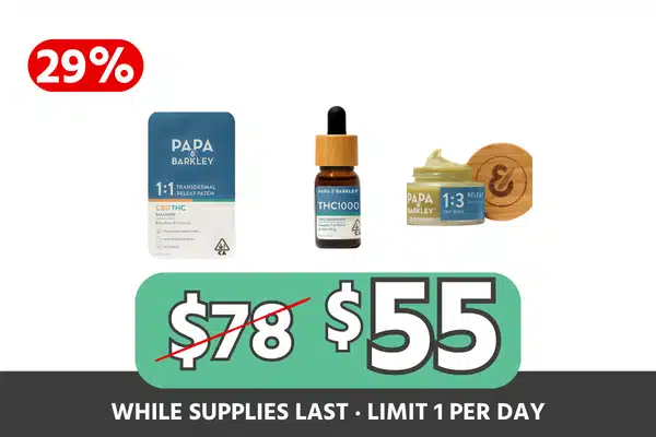 Papa & Barkley Releaf Kit — THC1000 Tincture, 5ml Releaf Balm and Balance 1:1 Releaf Patch for $55, Save $23, 29% Off
