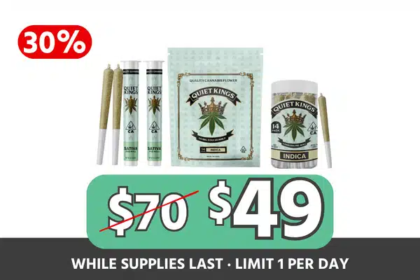 Quiet Kings Indica Half and Prerolls Bundle — Biscotti Mintz 14g Flower, Gelato 33 14-Pack Prerolls and Two Pine OG Singles for $49