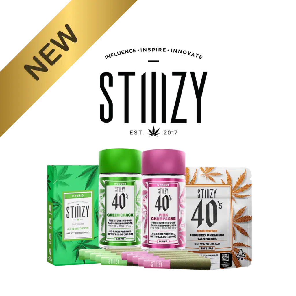 STIIIZY New Products — Apple Fritter and Skywalker OG All-In-One Vapes, Maui Wowie Infused Flower, Green Crack and Pink Champagne Infused 40s Prerolls