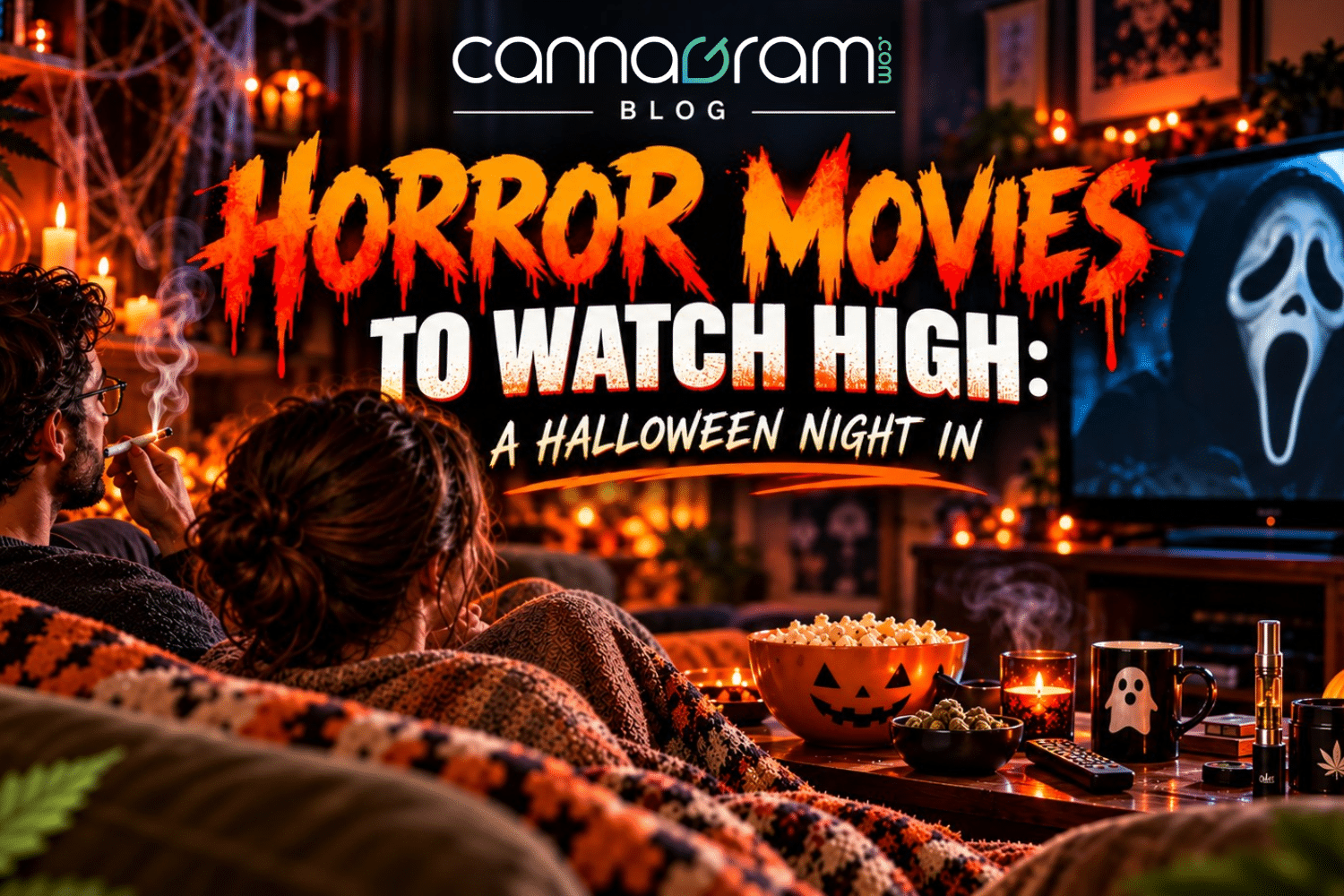 Couple enjoying a cozy Halloween movie night with popcorn, cannabis, glowing pumpkins, and a horror film playing on TV.