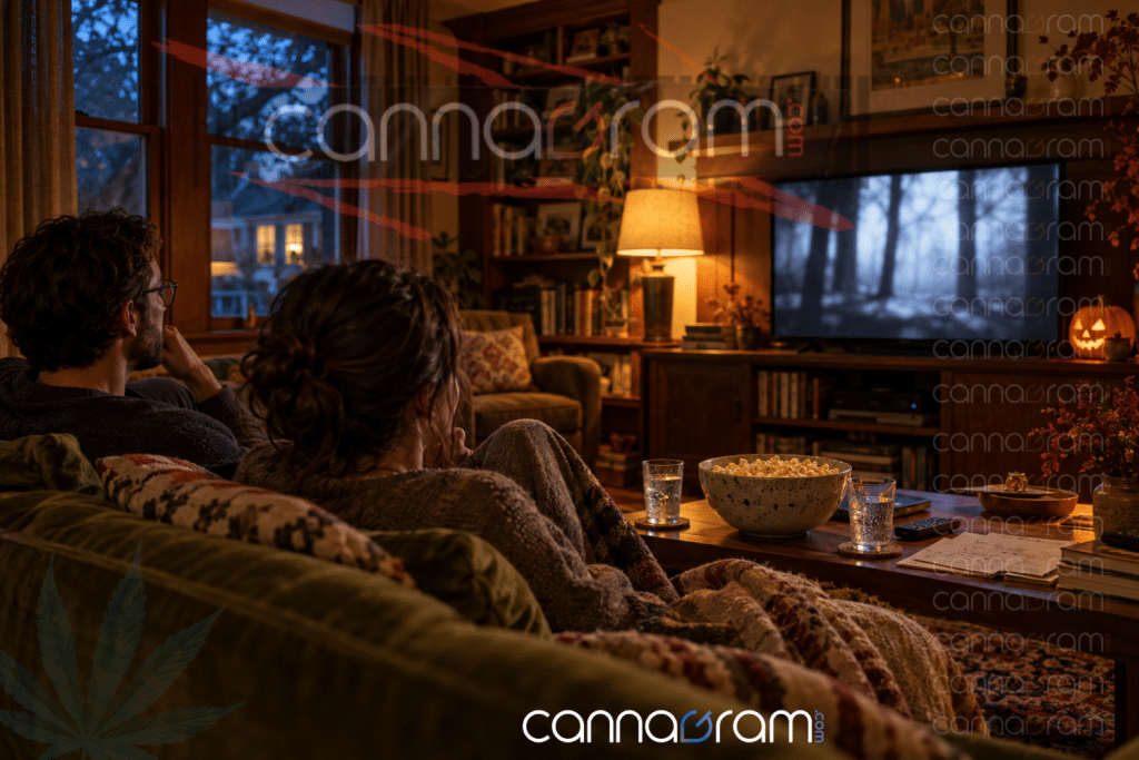 Two adults watching a horror movie in a cozy living room with popcorn, warm lighting, and a glowing Halloween pumpkin.