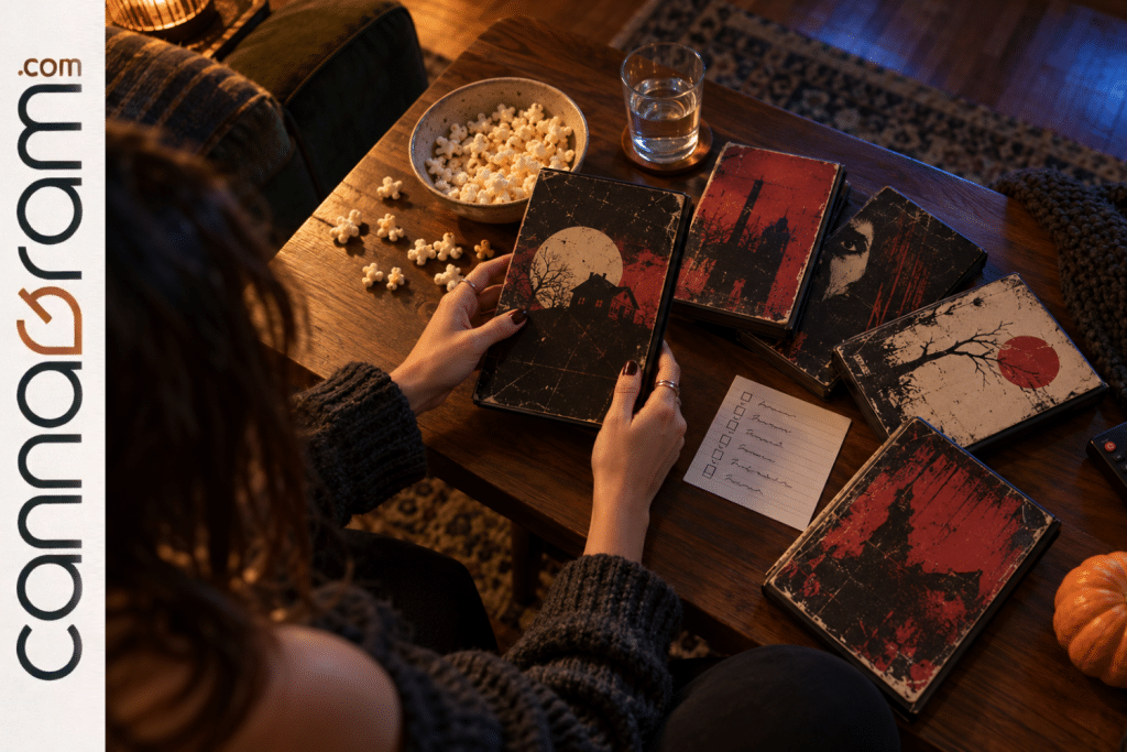 Hands choosing horror movies beside popcorn, a handwritten checklist, and a small pumpkin on a wooden coffee table.